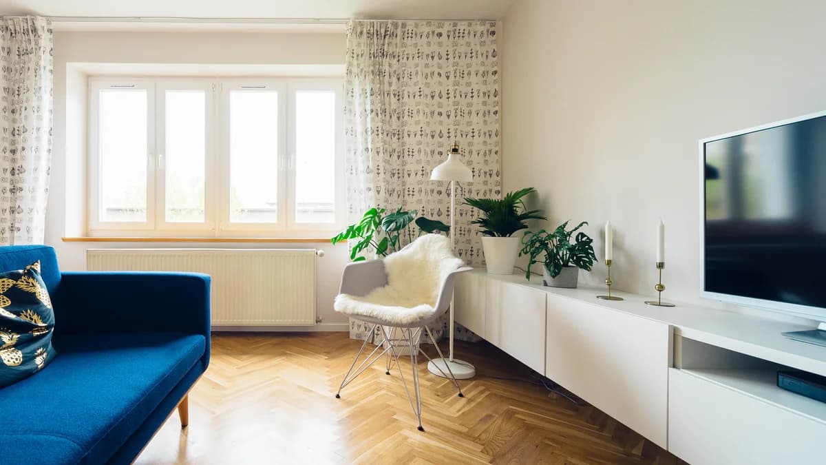 Bright, modern living room with a large flat-screen TV, its screen off, beside a blue sofa and houseplants